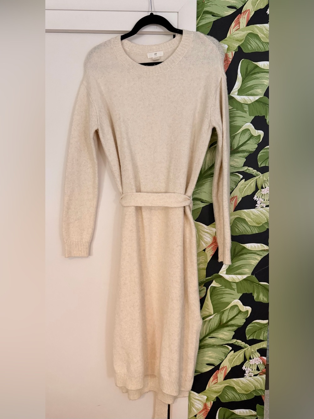 H&M Cream Long-Sleeve Belted Knit Dress